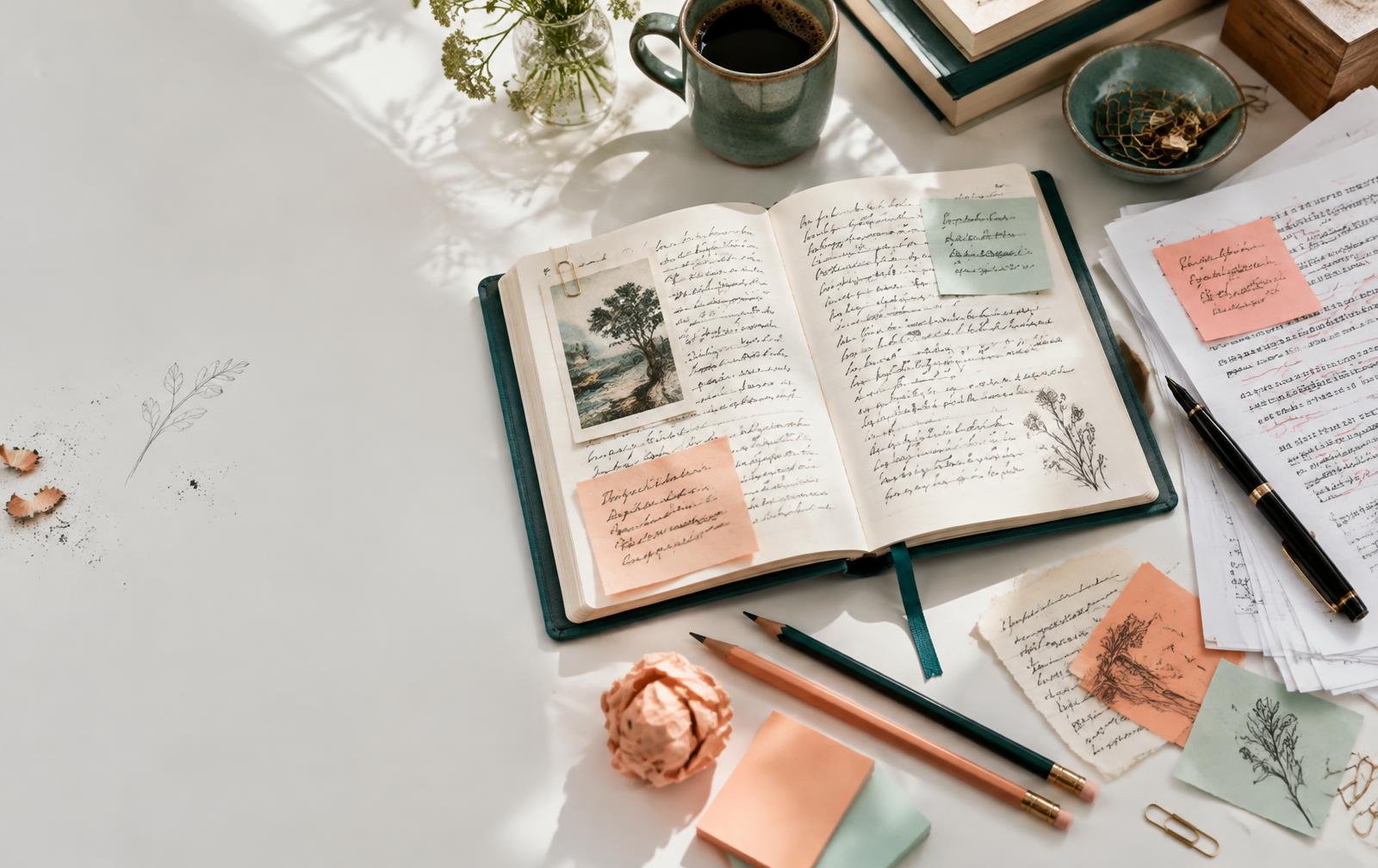 An open journal, handwritten drafts, pencils, and peach sticky notes on a writer's desk