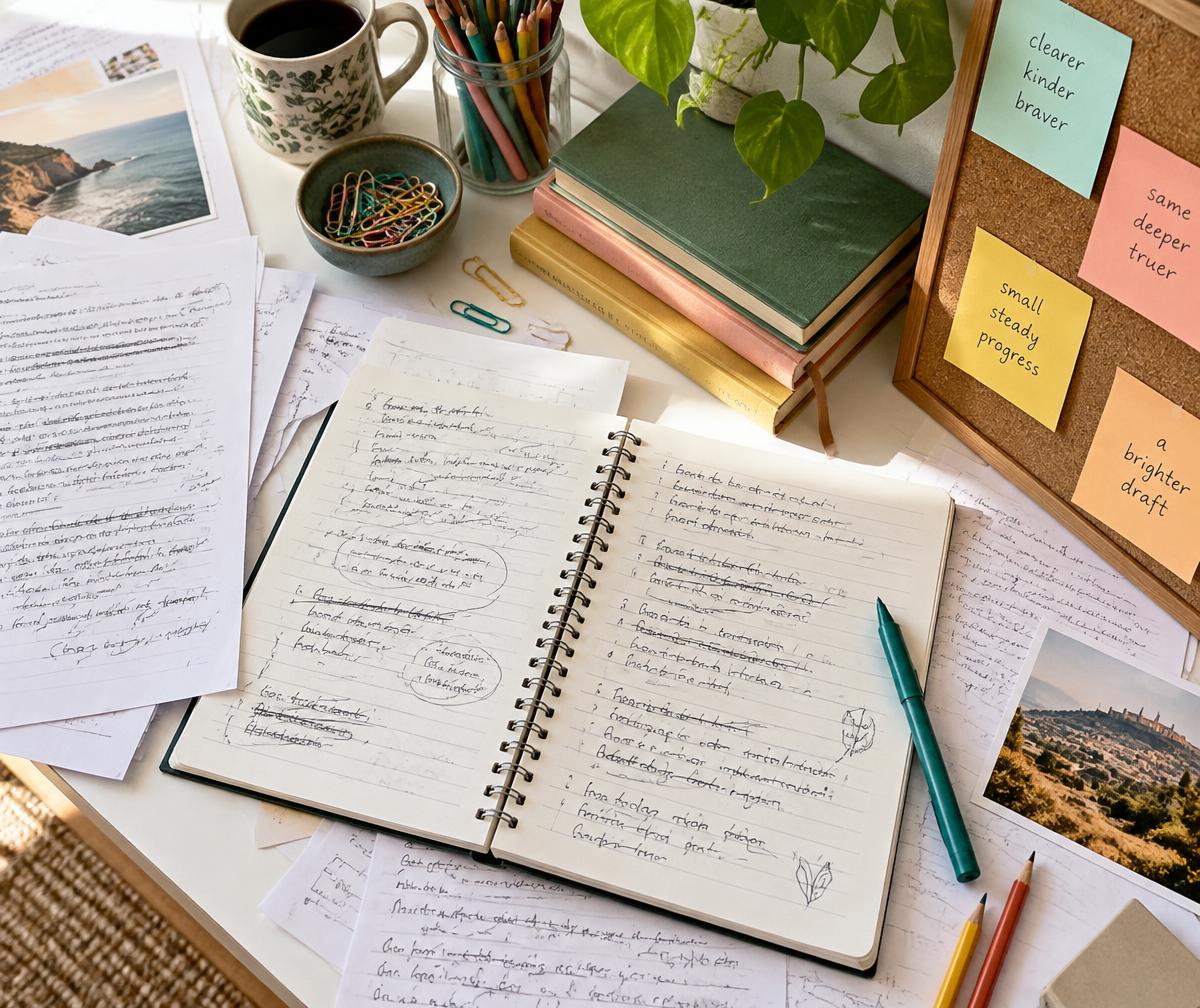 A writer’s notebook filled with scribbles, colorful sticky notes, and manuscript drafts